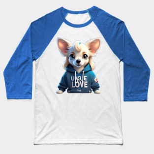 Lovebug in Blue: Adorable White Long-Haired Chihuahua Rocking a Cozy Hoodie Baseball T-Shirt